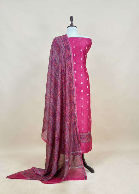 Pink Handloom Maheshwari Silk Unstitched Suit With Kalamkari Dupatta
