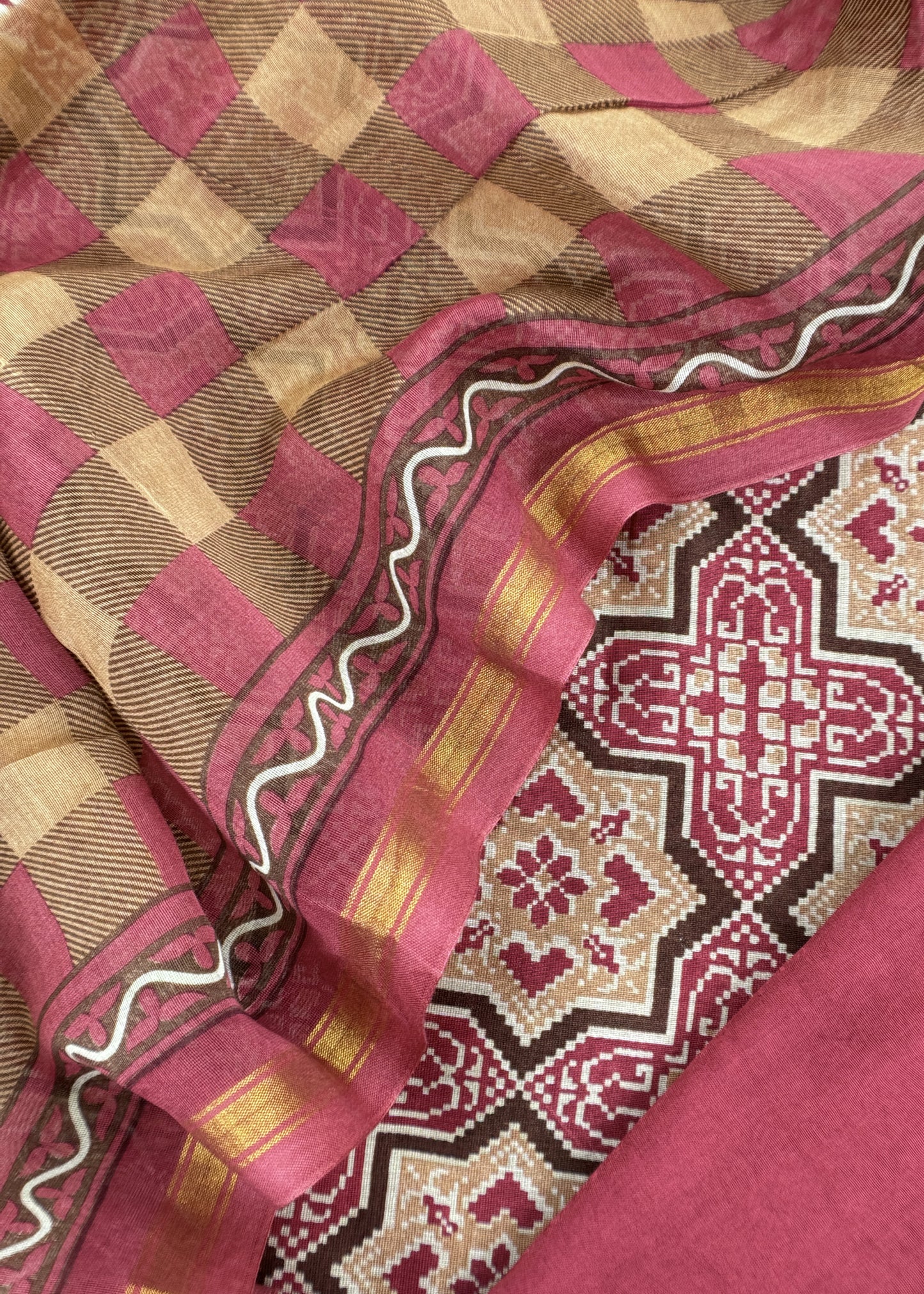 Red Ajrakh Mahehswari Silk Unstitched Suit With Dupatta