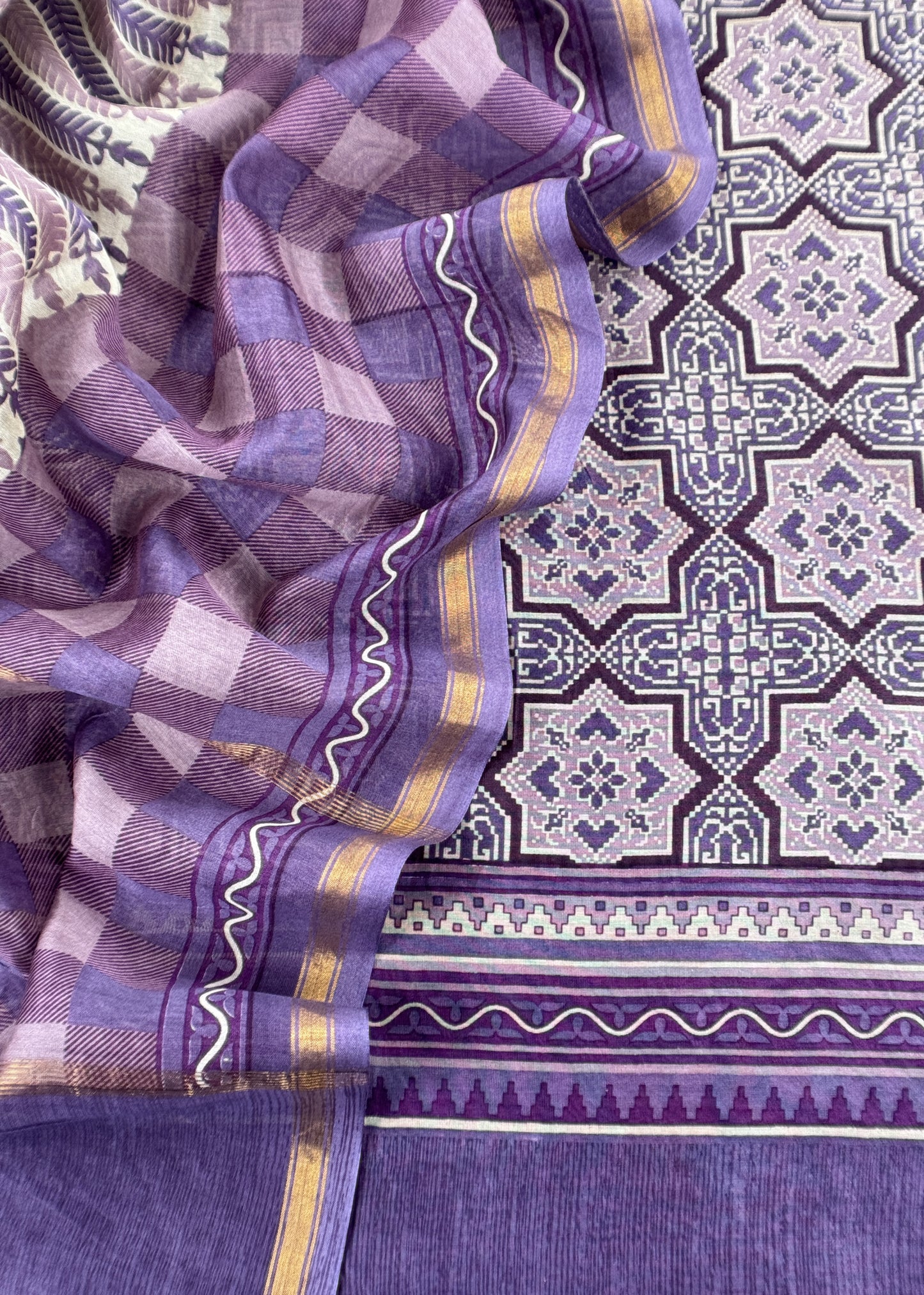 Purple Ajrakh Mahehswari Silk Unstitched Suit With Dupatta
