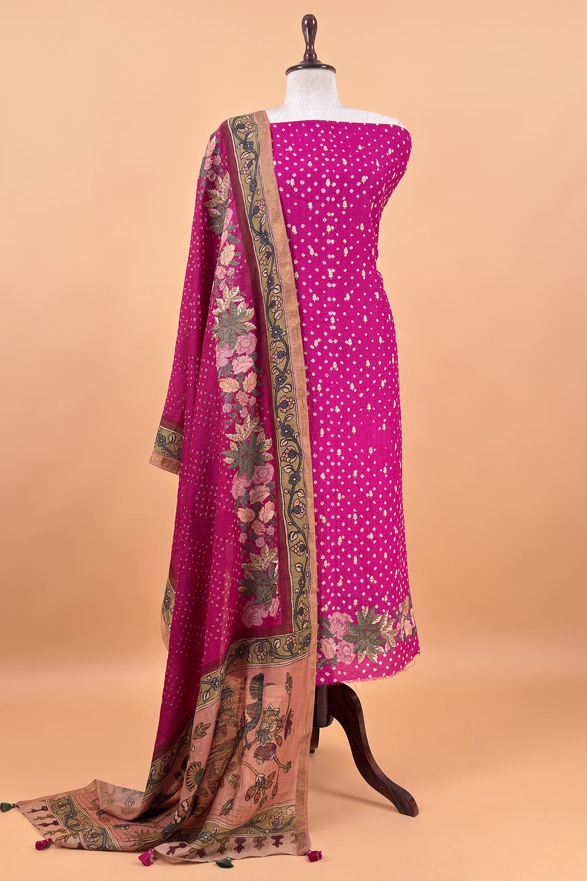 Pink Handloom Desi Tussar Bandhani Kurta And Authentic Hand-Painted Kalamkari Dupatta