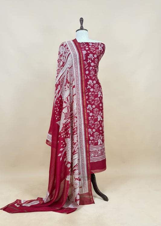 Red Maheshwari Silk Suit With Dupatta