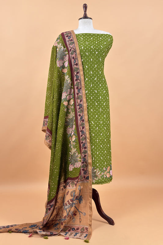 Mehndi Green Handloom Desi Tussar Bandhani Kurta And Authentic Hand-Painted Kalamkari Dupatta