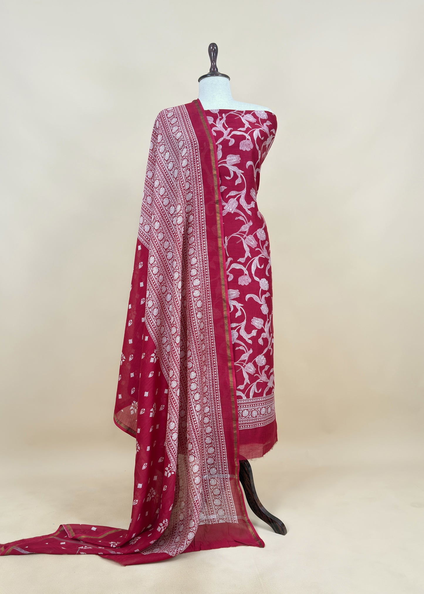 Red Maheshwari Silk Unstitched Suit With Dupatta