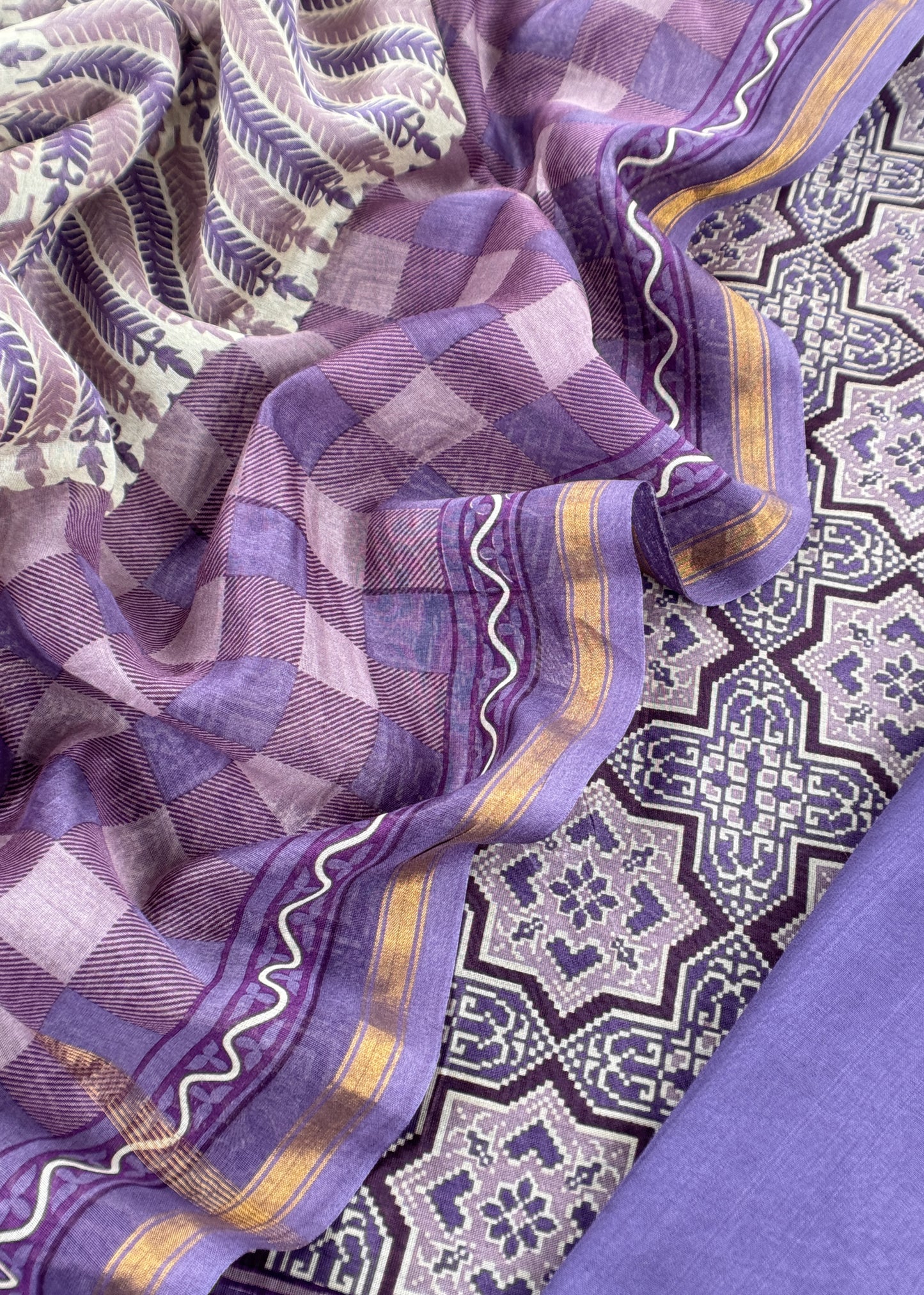 Purple Ajrakh Mahehswari Silk Unstitched Suit With Dupatta