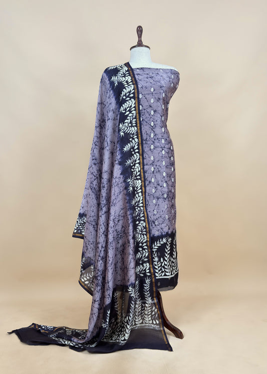 Purple Abstact Print Maheshwari Silk Suit With Gold Zari weaving