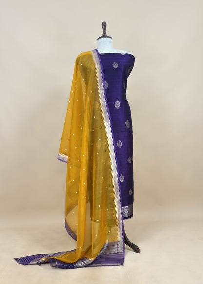 Purple and Yellow Handloom Raw Silk Suit With Kora Silk Dupatta
