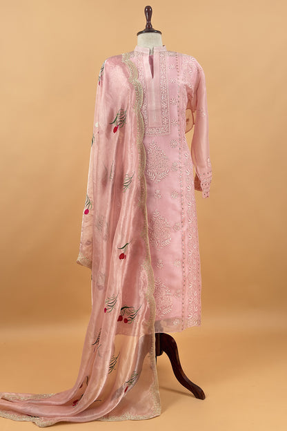 Pink Pure Organza Hand Embroidered Lakhnavi Kurta And Tissue Silk Dupatta