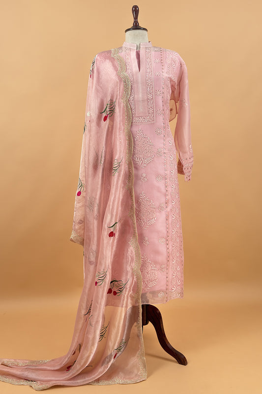 Pink Pure Organza Hand Embroidered Lakhnavi Kurta And Tissue Silk Dupatta