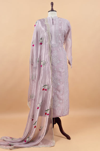Mauve Pure Organza Hand Embroidered Lakhnavi Kurta And Tissue Silk Dupatta