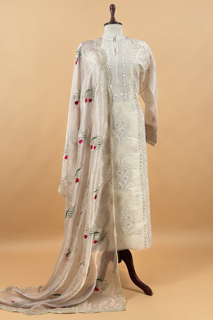 Ivory Pure Organza Hand Embroidered Lakhnavi Kurta And Tissue Silk Dupatta