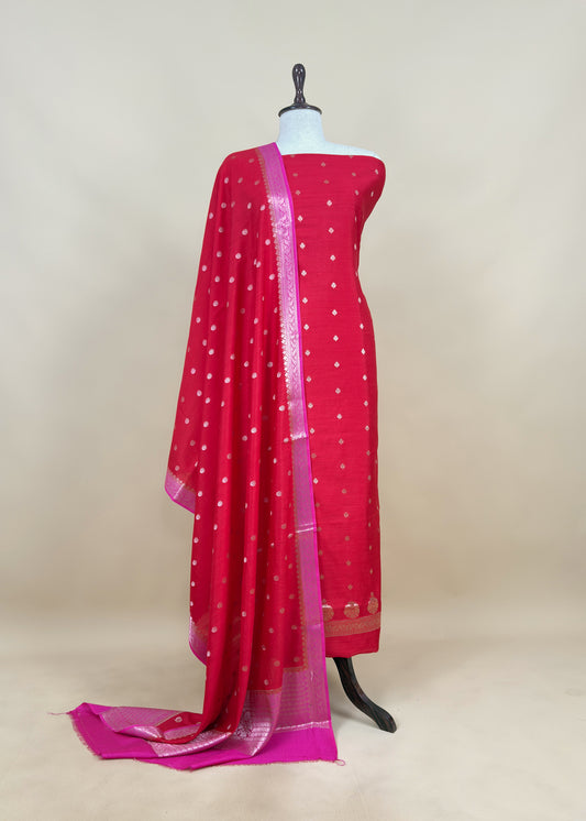 Red Handloom Chanderi Silk Kurta and Dupatta with Gold Zari Weaving