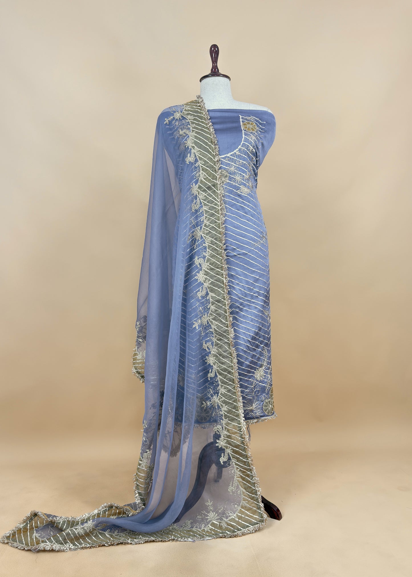 Cornflower Blue Pure Silk Suit With Dori embroidery, Jhalar laces, Appliqué And Gota Handwork