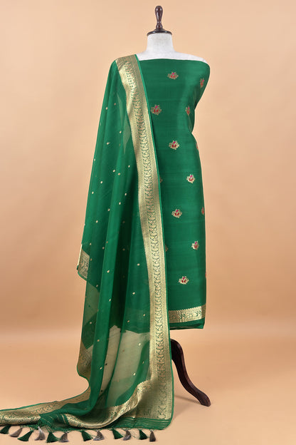 Green Handloom Kora Silk Kurta And Kora Silk Dupatta With Meenkari Weaving