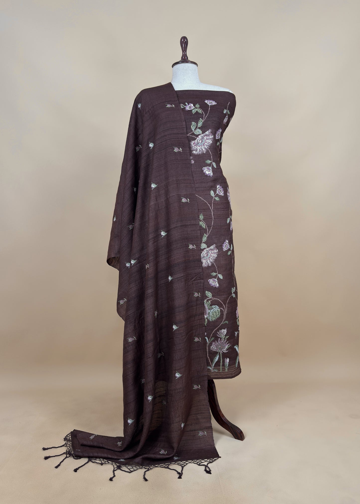 Brown Handloom Tussar Suit Fabric With Cross-Stitch Embroidery