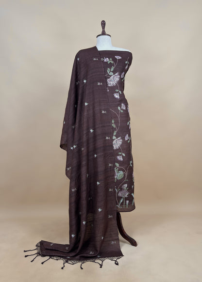 Brown Handloom Tussar Suit Fabric With Cross-Stitch Embroidery