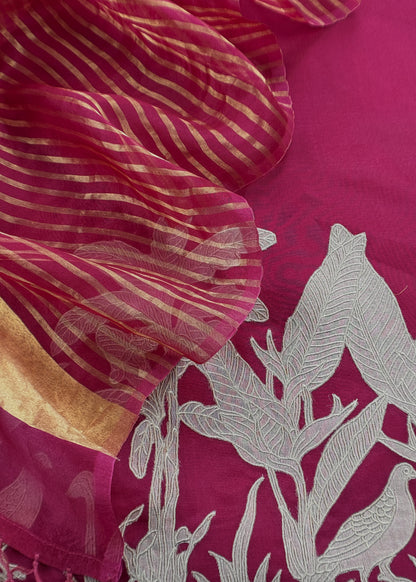 Maroon Chidiya Handloom Kora Silk Suit With Gold Tissue Appliqué Work