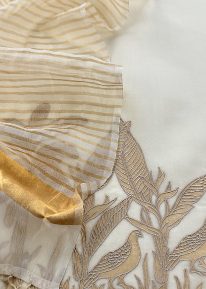 Off White Chidiya Handloom Kora Silk Suit With Gold Tissue Appliqué Work