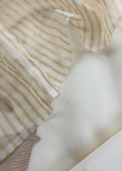Off White Chidiya Handloom Kora Silk Suit With Gold Tissue Appliqué Work