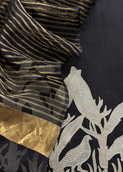 Kalasheel Luxe Black Kora Silk Kurta With Tissue Silk Dupatta With Tissue Appliqué Work