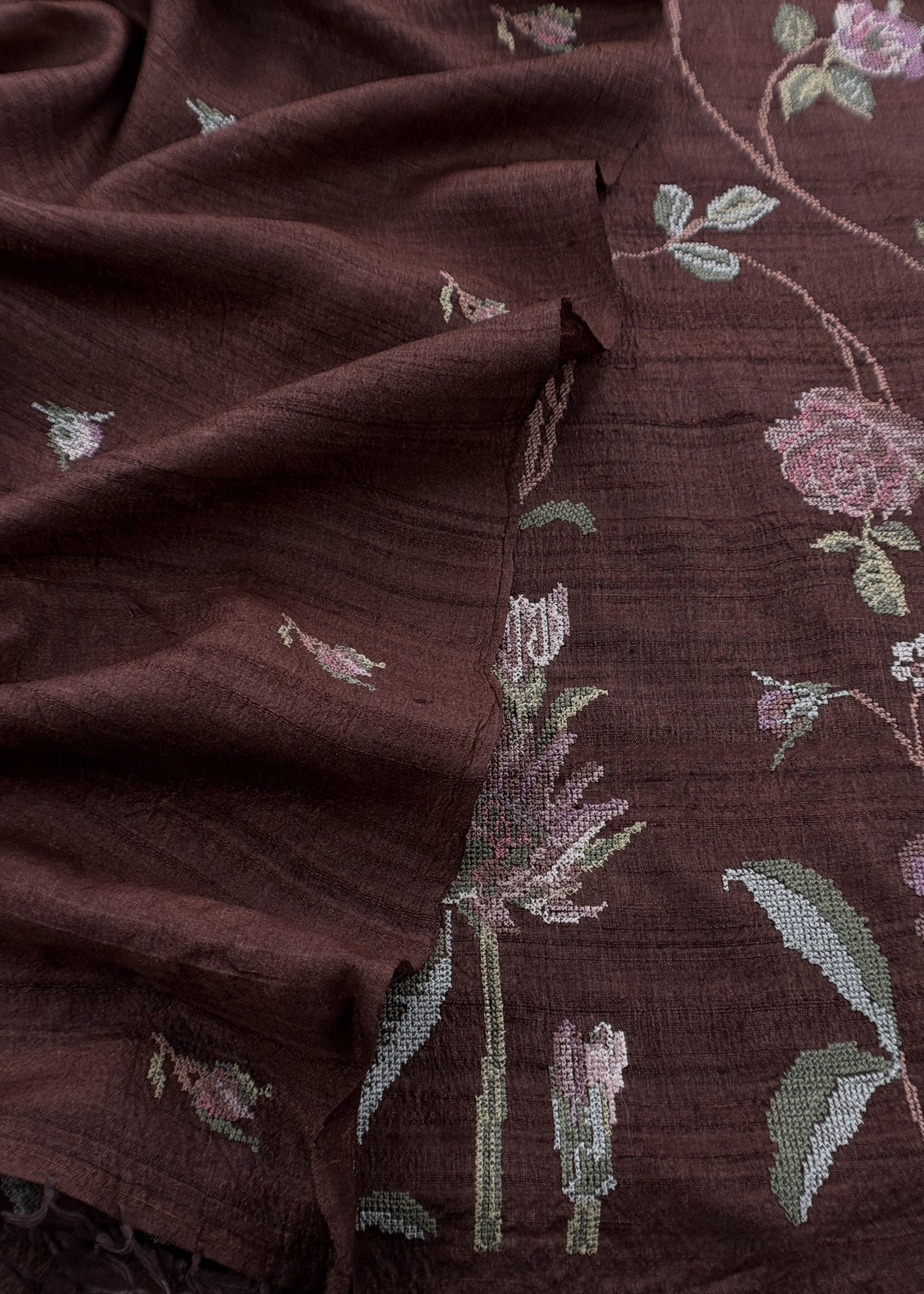Brown Handloom Tussar Suit Fabric With Cross-Stitch Embroidery