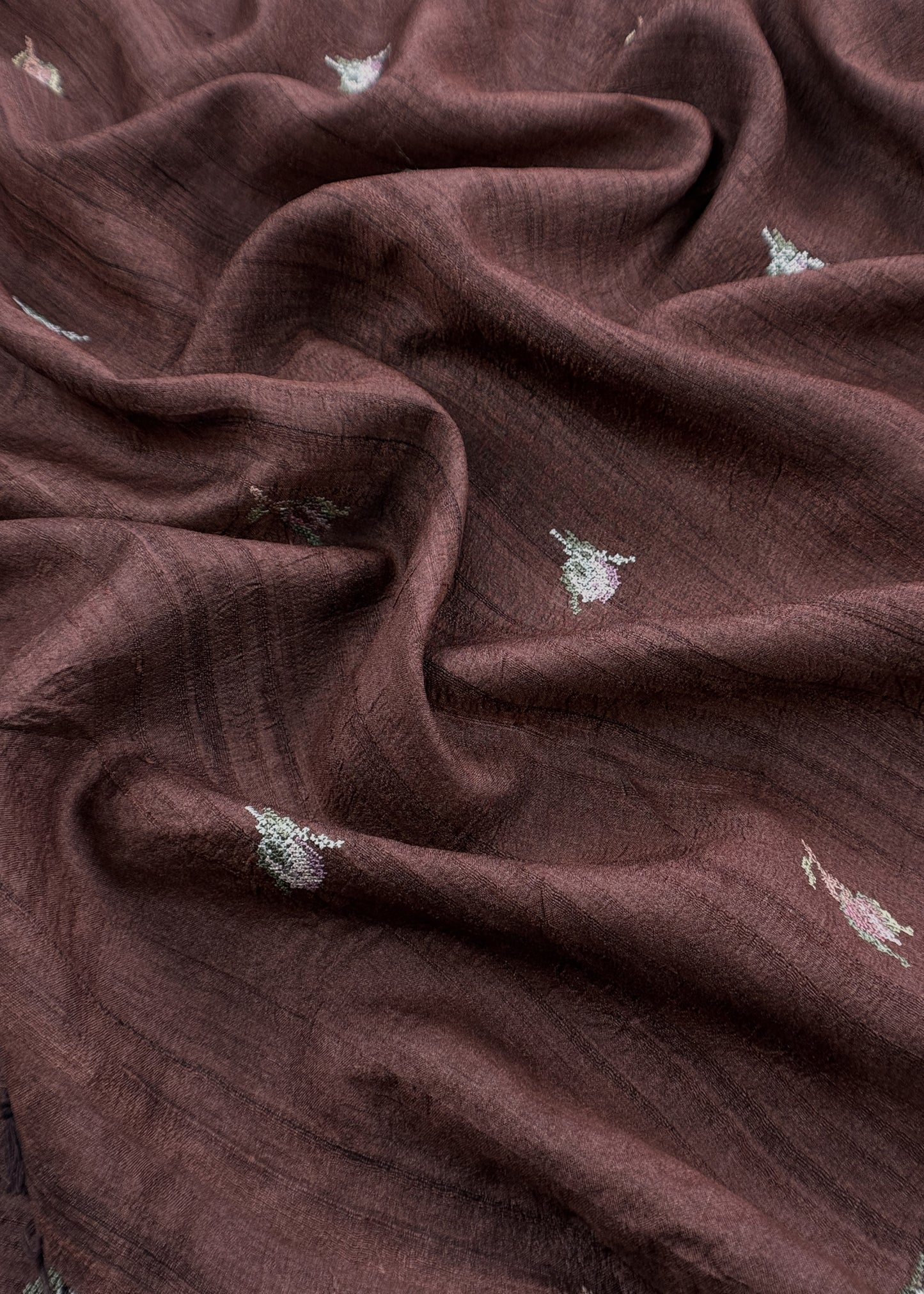 Brown Handloom Tussar Suit Fabric With Cross-Stitch Embroidery