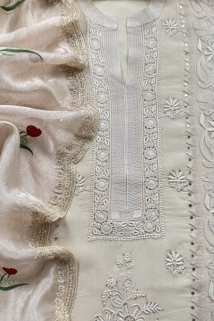 Ivory Pure Organza Hand Embroidered Lakhnavi Kurta And Tissue Silk Dupatta