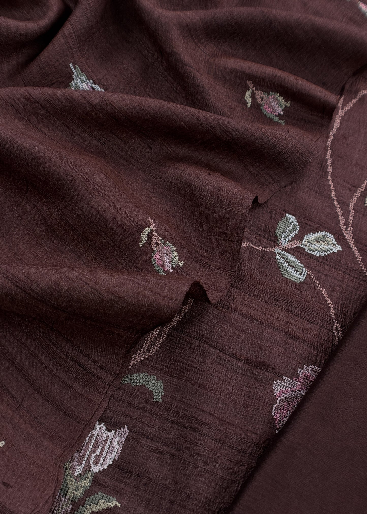 Brown Handloom Tussar Suit Fabric With Cross-Stitch Embroidery