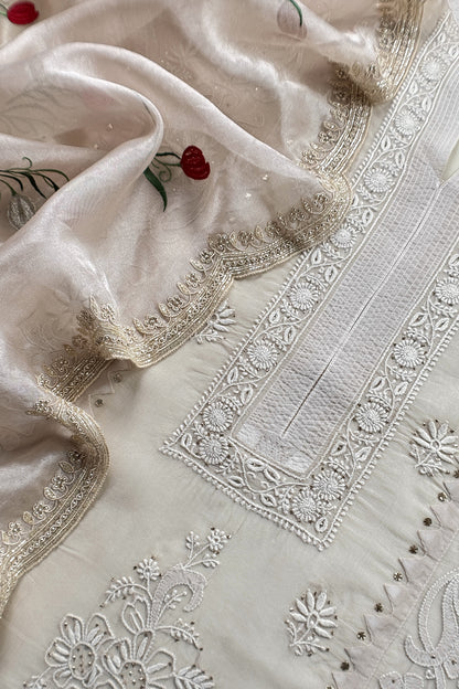 Ivory Pure Organza Hand Embroidered Lakhnavi Kurta And Tissue Silk Dupatta