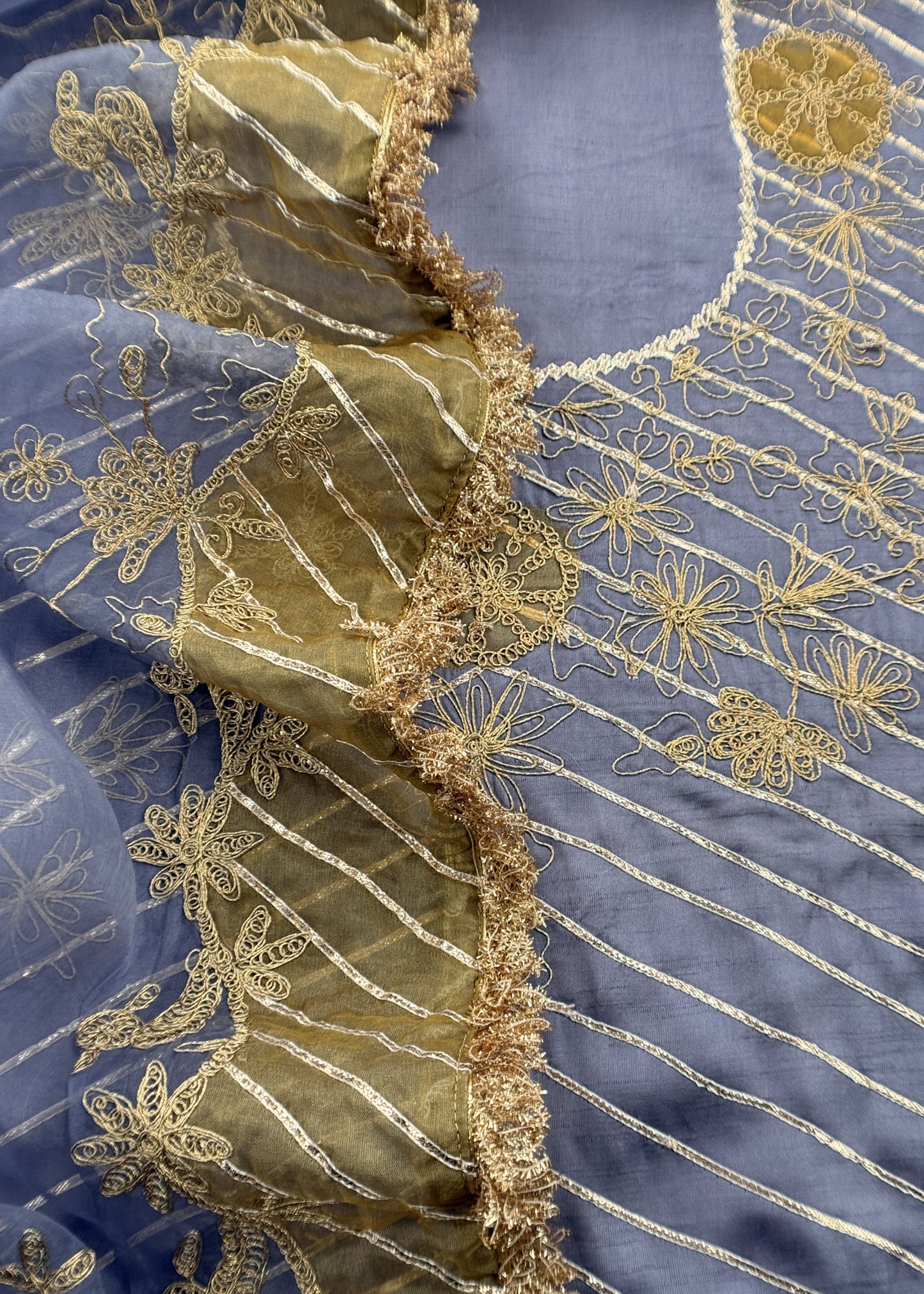 Cornflower Blue Pure Silk Suit With Dori embroidery, Jhalar laces, Appliqué And Gota Handwork