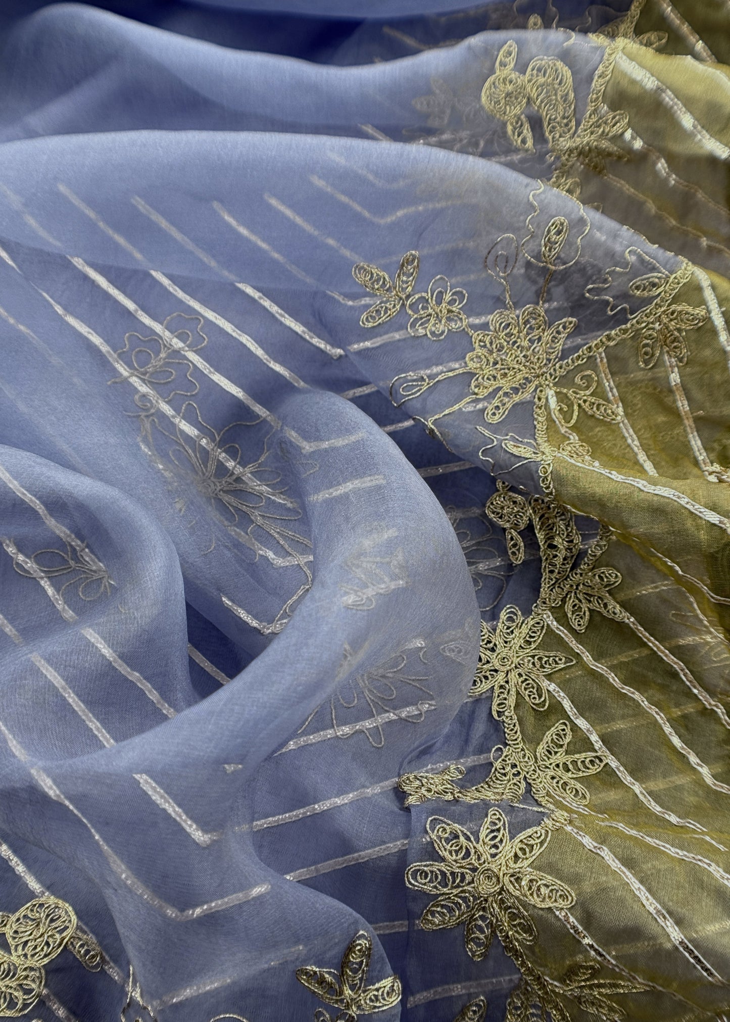 Cornflower Blue Pure Silk Suit With Dori embroidery, Jhalar laces, Appliqué And Gota Handwork