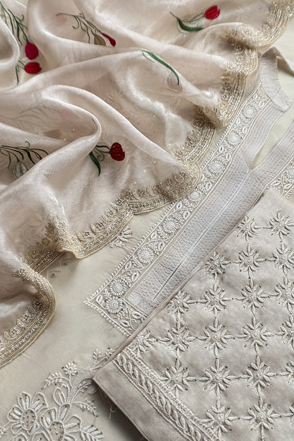 Ivory Pure Organza Hand Embroidered Lakhnavi Kurta And Tissue Silk Dupatta