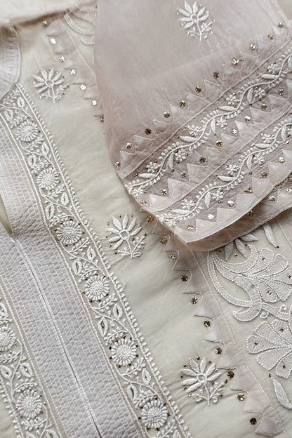 Ivory Pure Organza Hand Embroidered Lakhnavi Kurta And Tissue Silk Dupatta