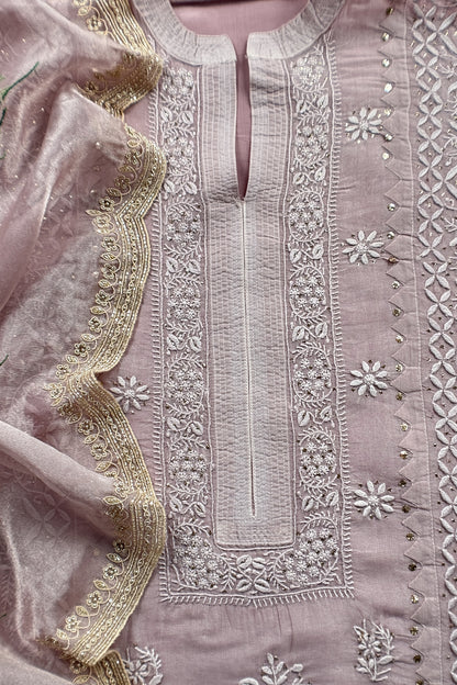 Mauve Pure Organza Hand Embroidered Lakhnavi Kurta And Tissue Silk Dupatta