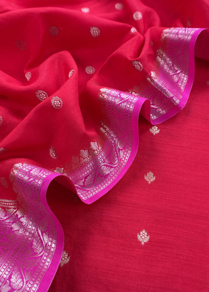 Red Handloom Chanderi Silk Kurta and Dupatta with Gold Zari Weaving