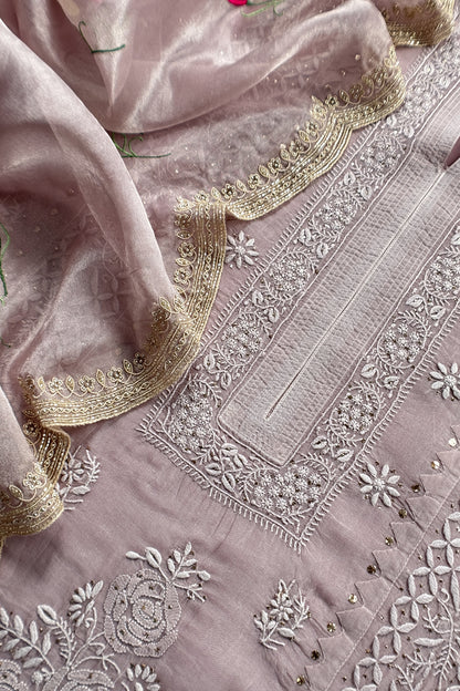Mauve Pure Organza Hand Embroidered Lakhnavi Kurta And Tissue Silk Dupatta