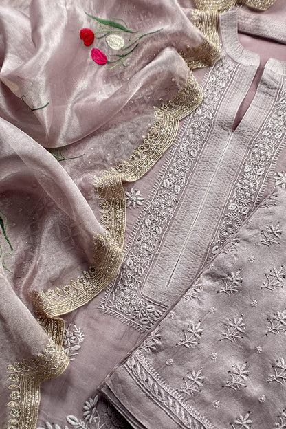 Mauve Pure Organza Hand Embroidered Lakhnavi Kurta And Tissue Silk Dupatta