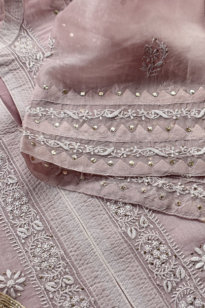 Mauve Pure Organza Hand Embroidered Lakhnavi Kurta And Tissue Silk Dupatta