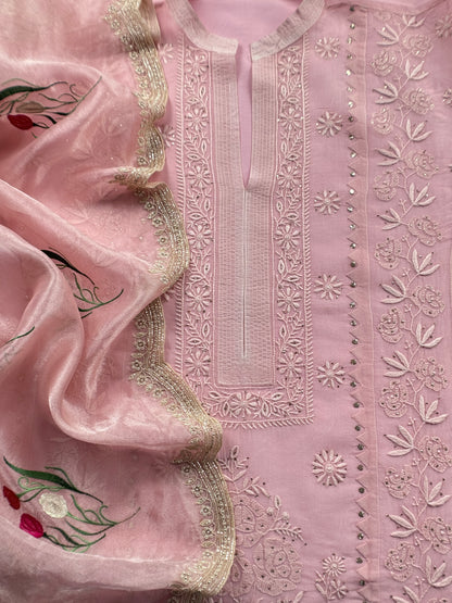 Pink Pure Organza Hand Embroidered Lakhnavi Kurta And Tissue Silk Dupatta