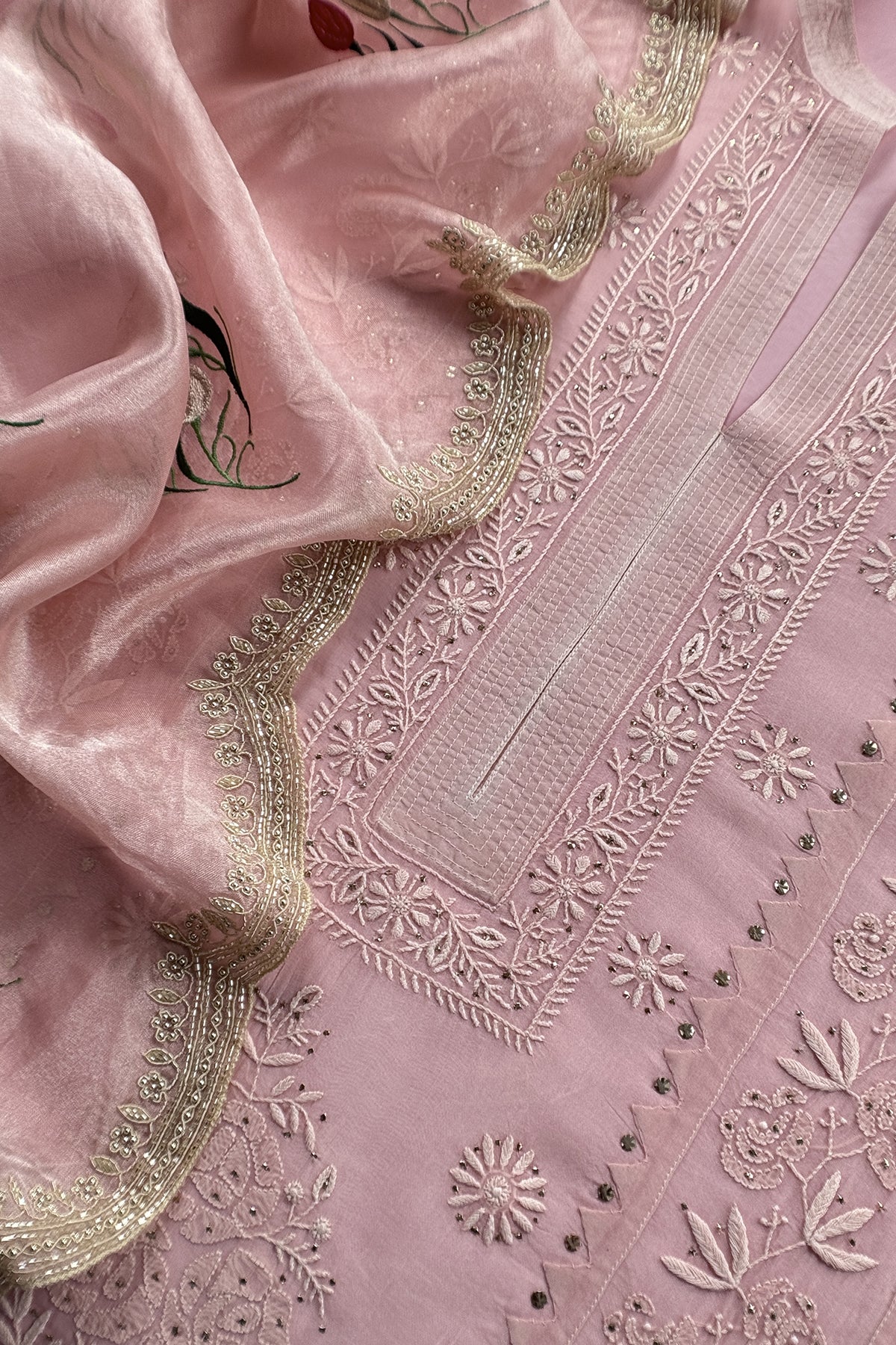 Pink Pure Organza Hand Embroidered Lakhnavi Kurta And Tissue Silk Dupatta