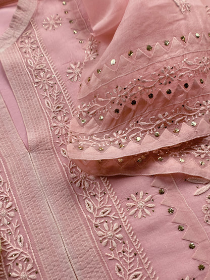Pink Pure Organza Hand Embroidered Lakhnavi Kurta And Tissue Silk Dupatta