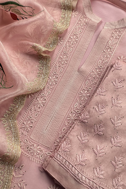 Pink Pure Organza Hand Embroidered Lakhnavi Kurta And Tissue Silk Dupatta
