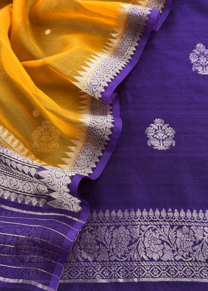 Purple and Yellow Handloom Raw Silk Suit With Kora Silk Dupatta