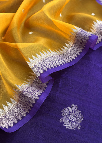 Purple and Yellow Handloom Raw Silk Suit With Kora Silk Dupatta
