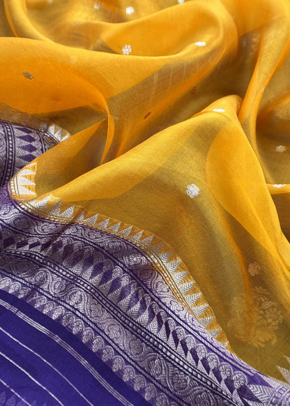 Purple and Yellow Handloom Raw Silk Suit With Kora Silk Dupatta