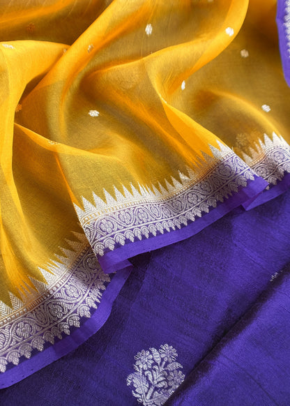 Purple and Yellow Handloom Raw Silk Suit With Kora Silk Dupatta