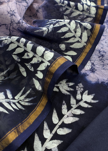 Purple Abstact Print Maheshwari Silk Suit With Gold Zari weaving