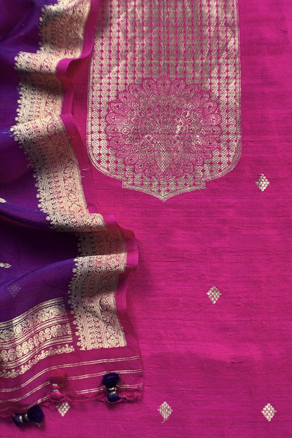 Pink Handloom Raw Silk Kurta And Kora Silk Dupatta With Kadwa Weaving