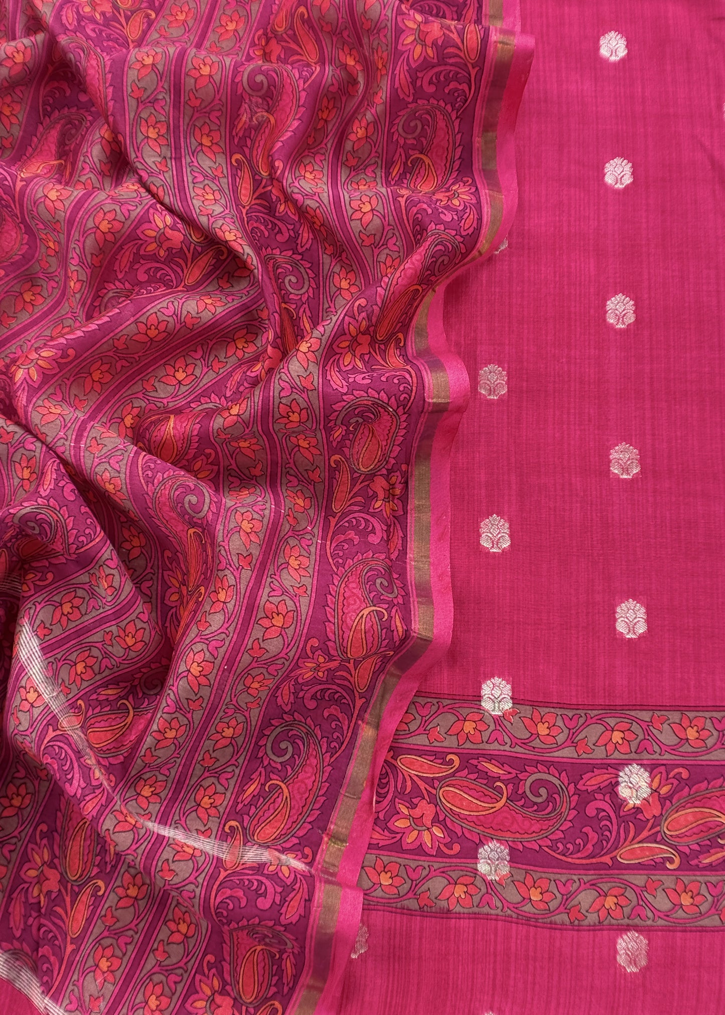 Pink Handloom Maheshwari Silk Unstitched Suit With Kalamkari Dupatta