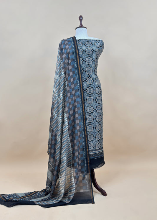Black Ajrakh Mahehswari Silk Unstitched Suit With Dupatta