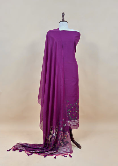 Purple Floral Jamdani Weave Unstitched Chanderi Suit